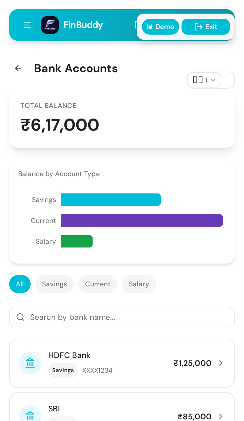 FinBuddy linked bank accounts and balances