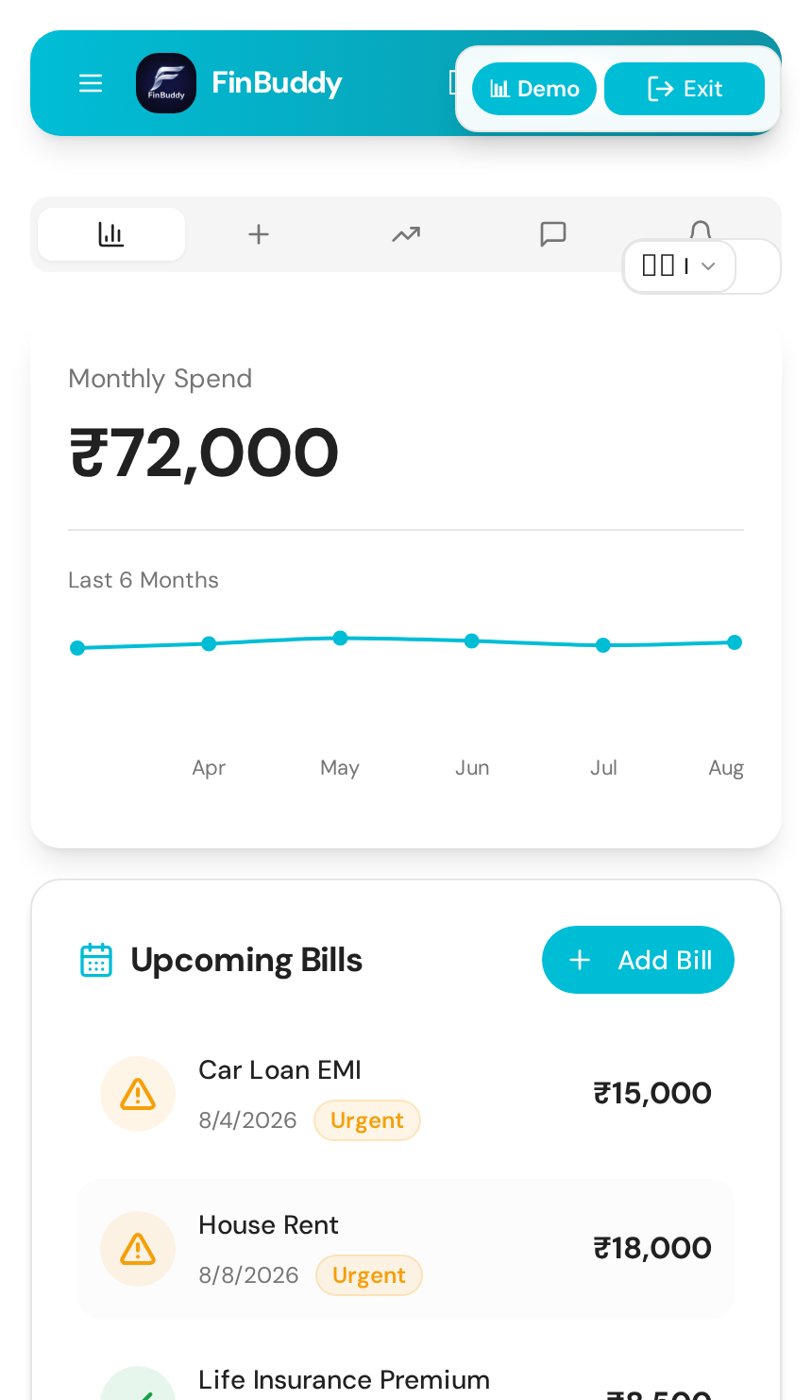 FinBuddy monthly spend and upcoming bills