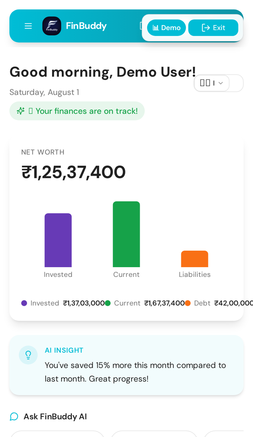 FinBuddy net worth overview with AI insight