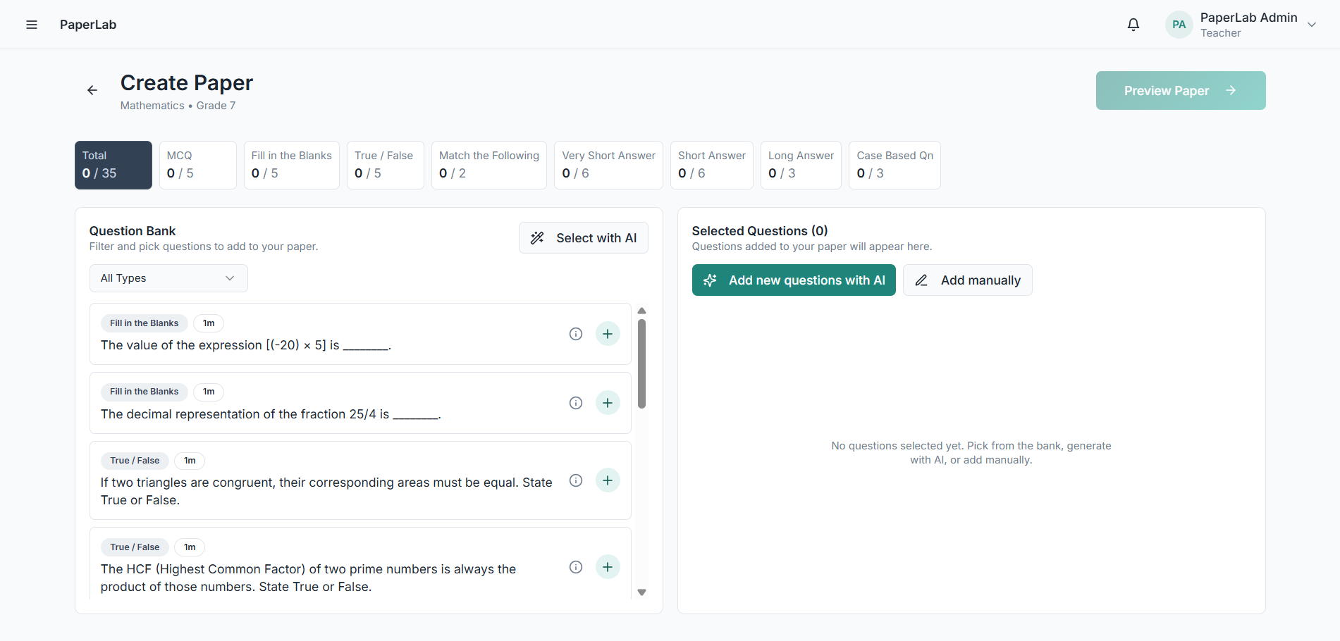 PaperLab paper builder with AI question bank