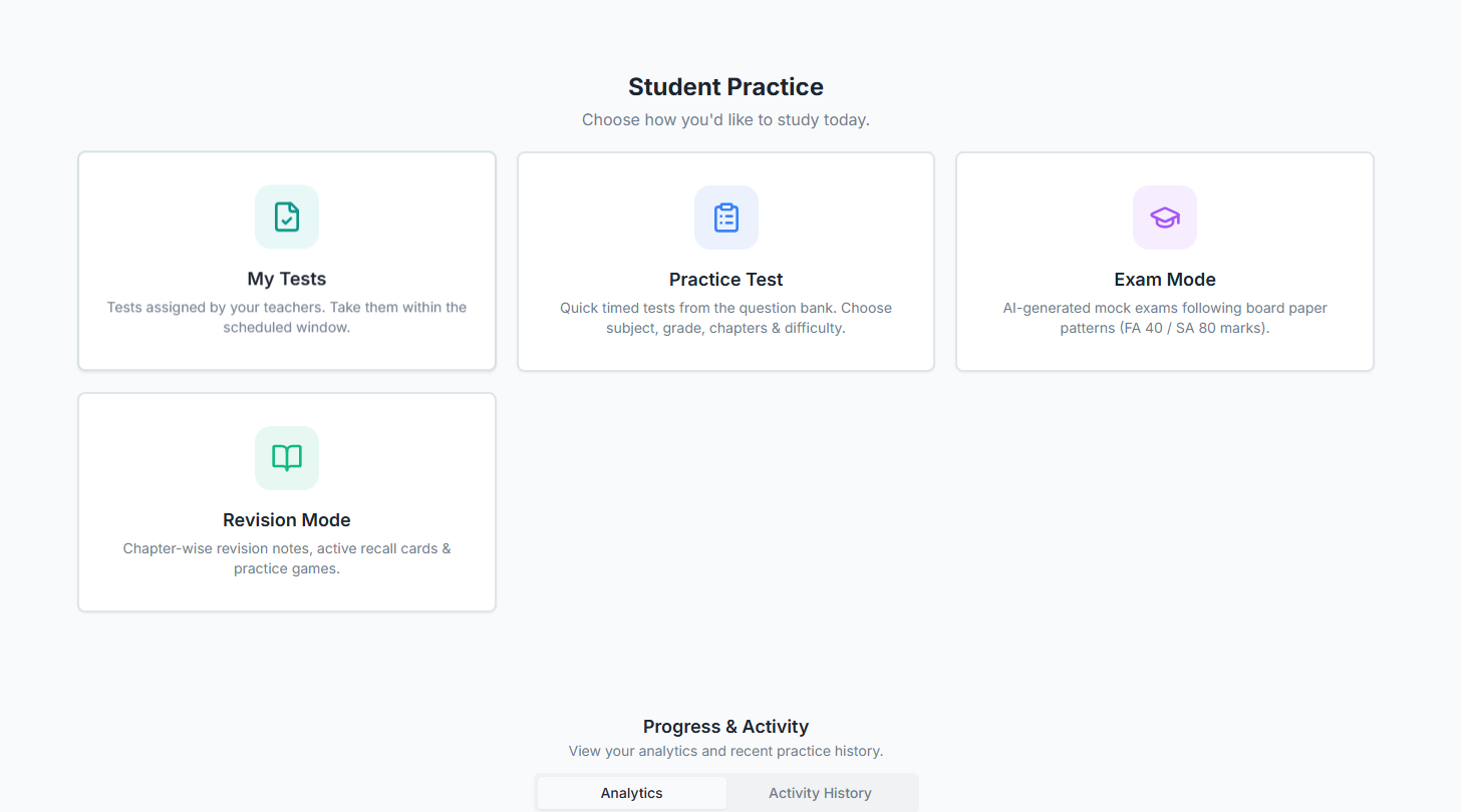 PaperLab student practice hub with tests, exam and revision modes