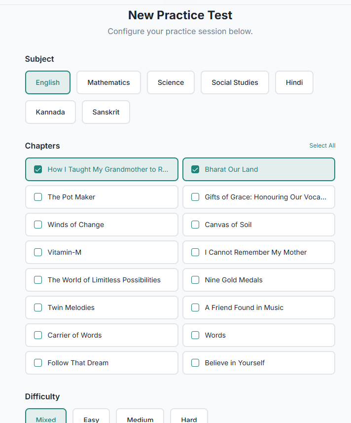 PaperLab practice test configuration by subject and chapter